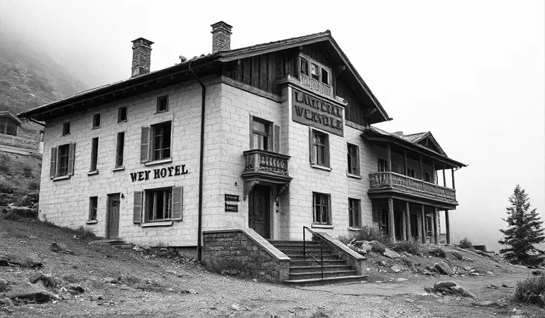 Ancien hôtel de montagne en pierre et en bois, envahi par la végétation et la brume.