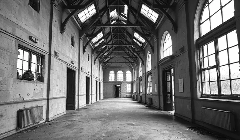 Le vaste intérieur dégradé d’un ancien hôpital abandonné.