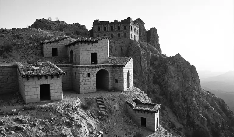 Forteresse de montagne en ruine accrochée à une pente minérale.