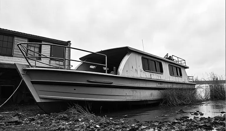 Ancien bateau de loisirs rouillé, immobilisé près d’une berge envahie de roseaux.