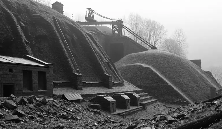 Les vestiges d’une ancienne ardoisière noyés dans la brume et la végétation.