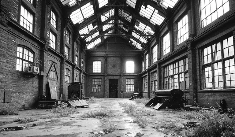 Ancienne filature industrielle aux machines rouillées et au sol envahi d’herbes.