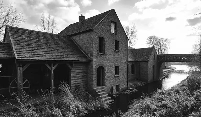 Ancien moulin industriel en brique au bord d’une rivière, entouré de végétation.