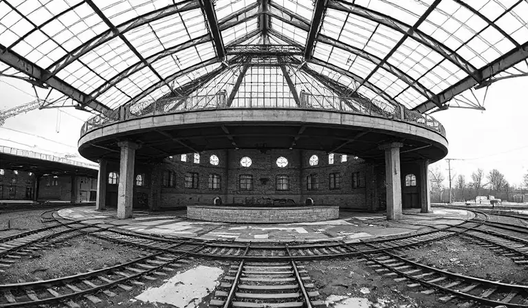 Rotonde ferroviaire vide sous une verrière largement brisée.