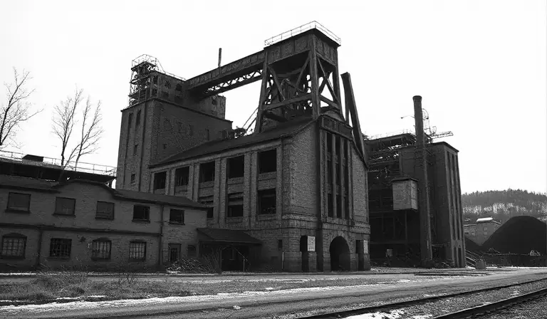 Ancien site minier dominé par une structure métallique rouillée.