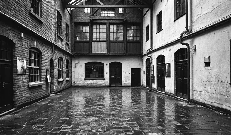 La cour humide d’une ancienne tannerie aux murs de brique dégradés.