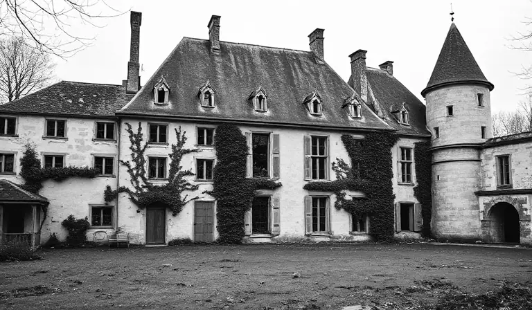 Château Renaissance abandonné, entouré de murs envahis par le lierre.