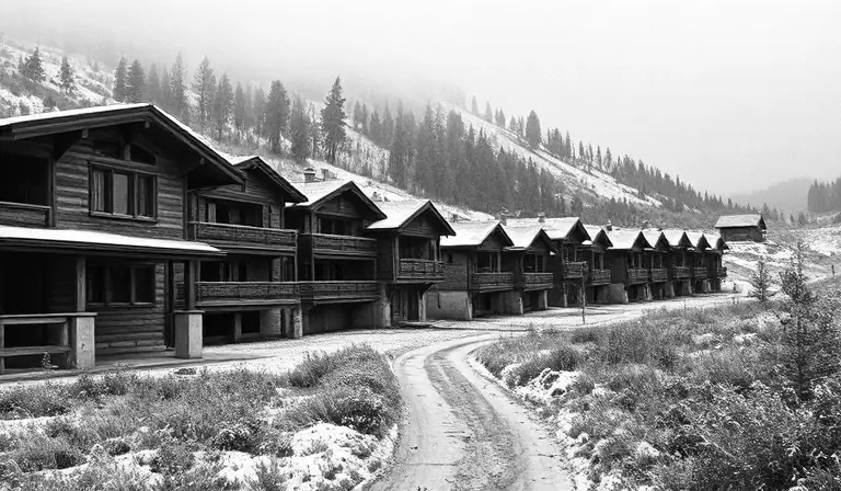 Ancien village de vacances de montagne aux chalets délaissés.