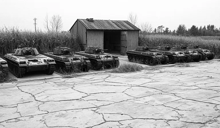 Ancien cimetière de véhicules militaires rouillés parmi les herbes hautes.