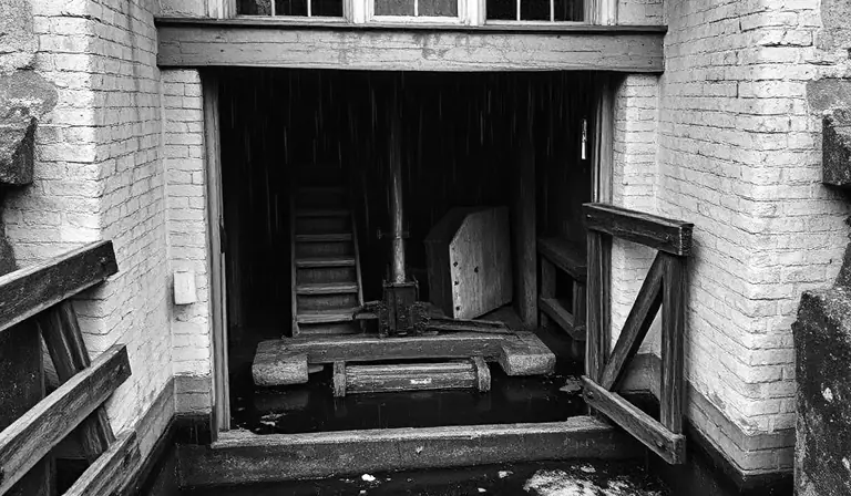 Maison éclusière abandonnée au bord d’un canal humide.
