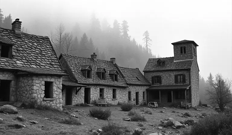 Hameau de pierre déserté parsemé de ruines et de végétation.