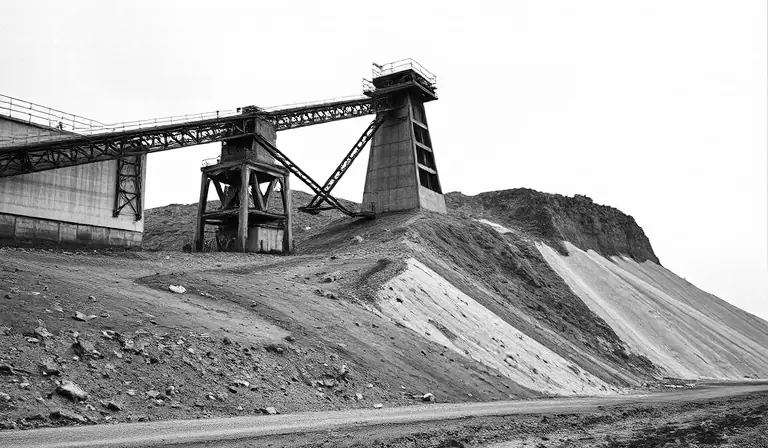 Les vestiges industriels d’une ancienne mine sur un relief côtier.