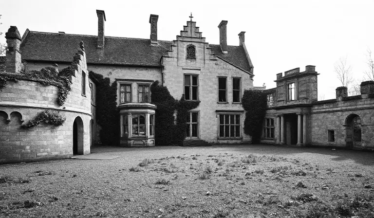 Cour de château abandonnée entourée de murs de pierre et de végétation.