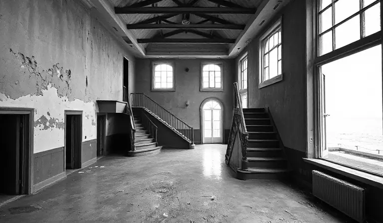 Le vaste hall décrépi d’un ancien hôtel exposé aux embruns.