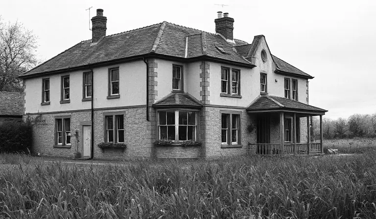 Ancien hôtel rural délabré au milieu d’un jardin envahi.