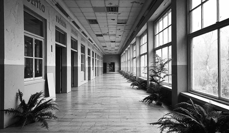 Couloir d’hôpital abandonné envahi par l’humidité et les plantes.