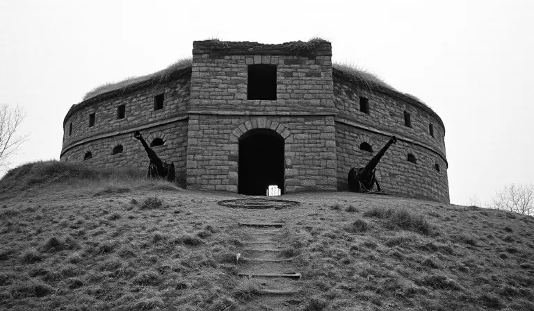 Les fortifications d’un ouvrage militaire déserté dans la brume.
