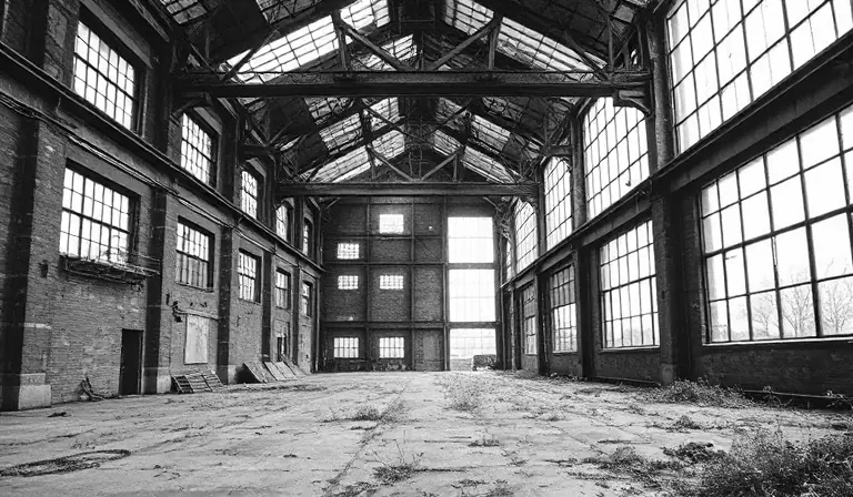 Halle de fonderie abandonnée éclairée par des verrières brisées.
