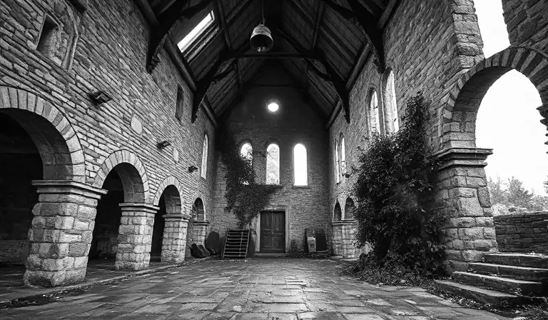 La nef ruinée d’une ancienne église envahie par la végétation.