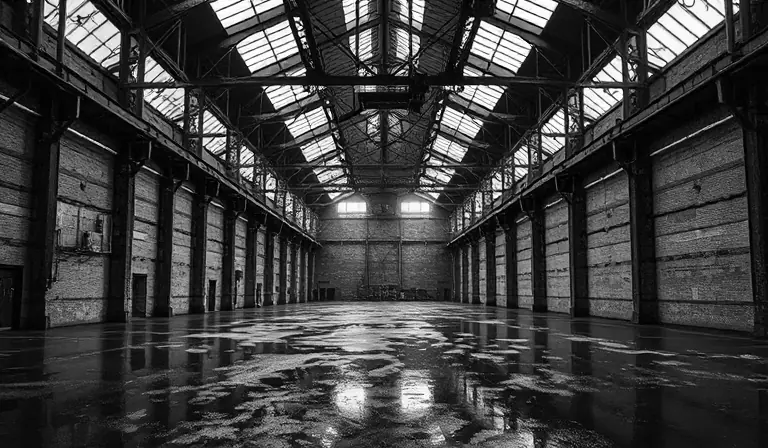 Immense halle portuaire abandonnée et traversée par la pluie.