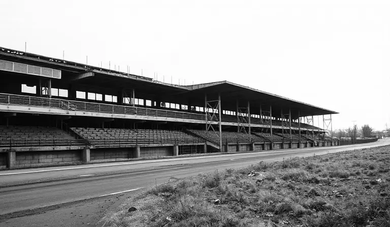 Ancienne tribune de circuit automobile gagnée par les herbes.