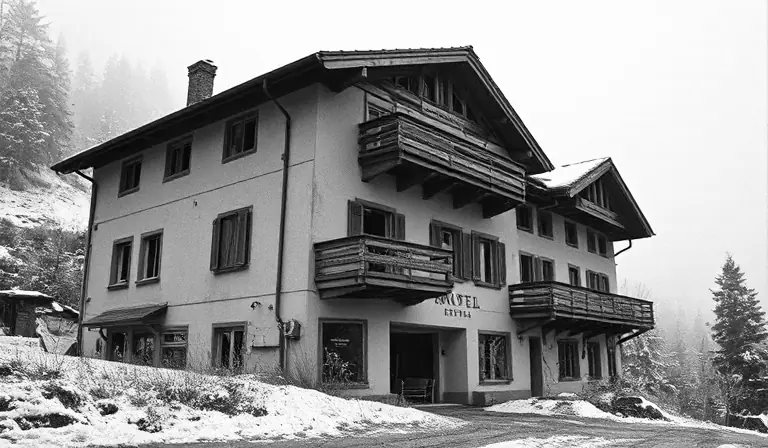 Ancien hôtel de montagne délabré enveloppé de brume.