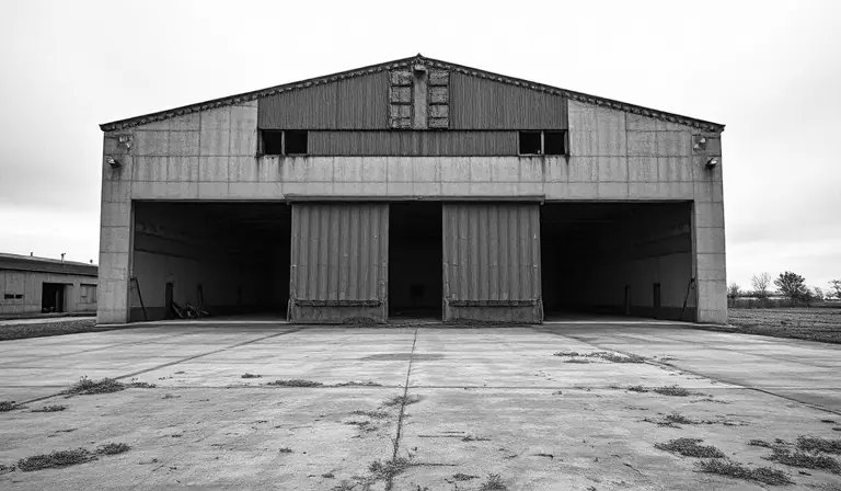 Vaste hangar aéronautique abandonné, ouvert sur une aire envahie par les herbes.