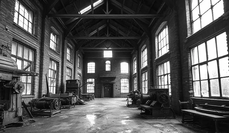 L’intérieur d’une ancienne papeterie, entre briques, charpente et machines rouillées.