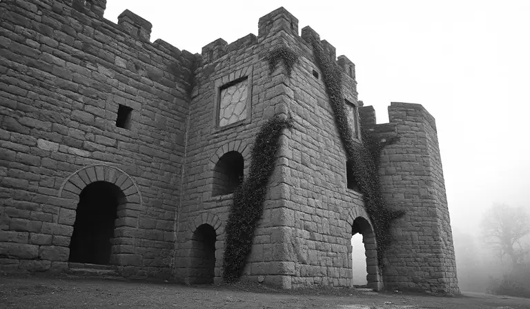 Les puissants vestiges de pierre d’une fortification abandonnée dans la brume.
