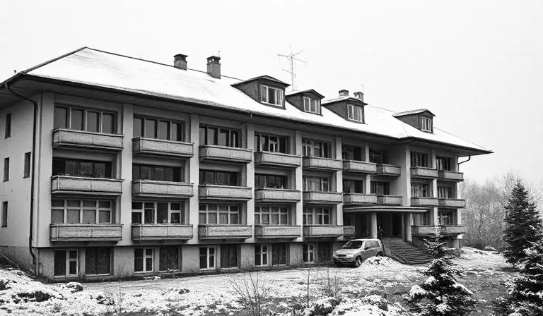 Ancien sanatorium monumental accroché à la montagne sous un ciel couvert.