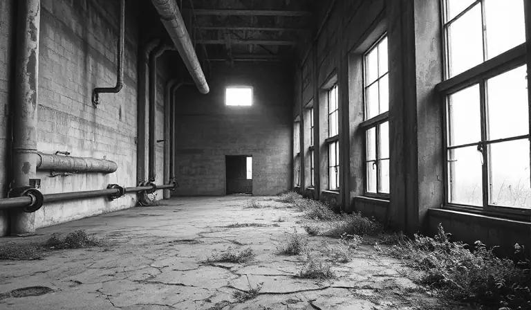 Bâtiment industriel minier déserté, envahi par les herbes et les traces d’oxydation.