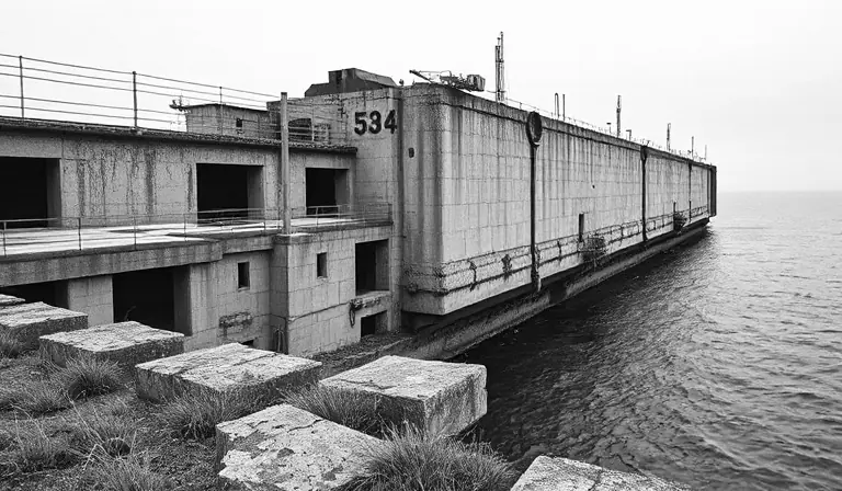 Immense bunker maritime abandonné au bord d’une eau sombre.