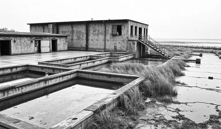 Ancienne salinière littorale envahie par les roseaux et les installations rouillées.