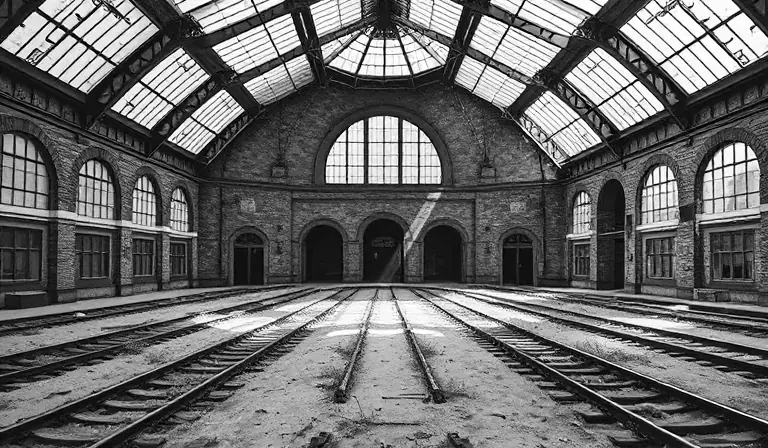 Rotonde ferroviaire abandonnée éclairée par sa verrière partiellement brisée.