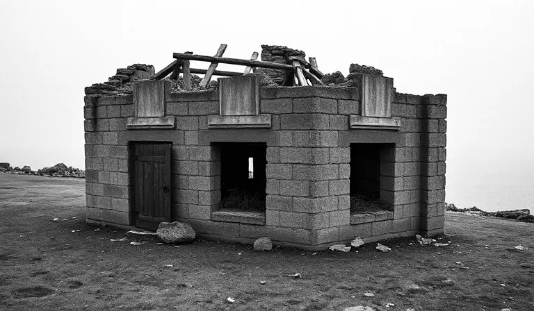 Ancien ouvrage côtier en pierre et en béton, battu par la brume maritime.