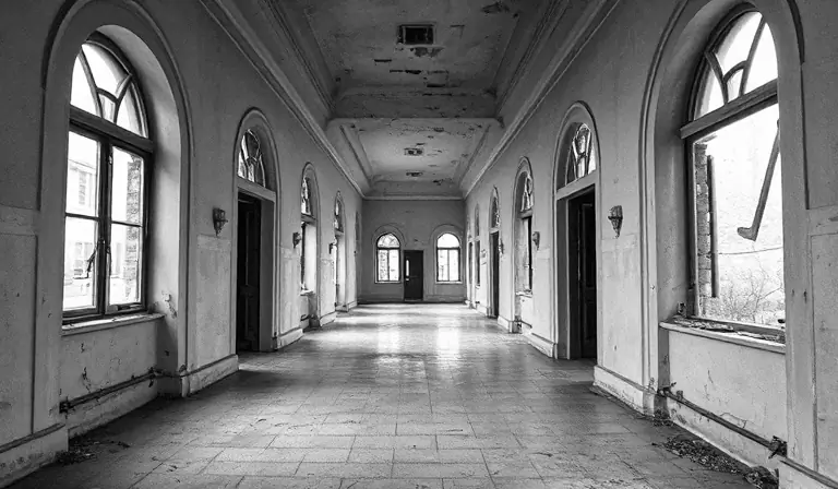 Le couloir désert d’un ancien établissement hospitalier aux murs écaillés.