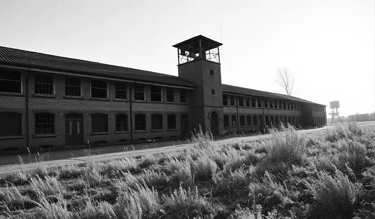 D’anciennes casernes militaires désertées autour d’une cour envahie par la végétation.