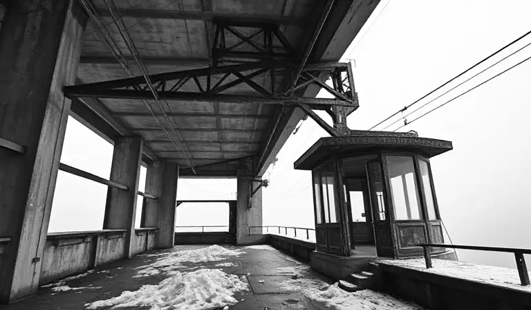 Ancienne gare de téléphérique, avec ses équipements métalliques rongés par le temps.