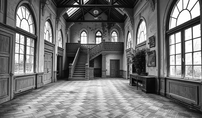 Le vaste intérieur dégradé d’un ancien manoir, entre pierre, bois et verrière brisée.