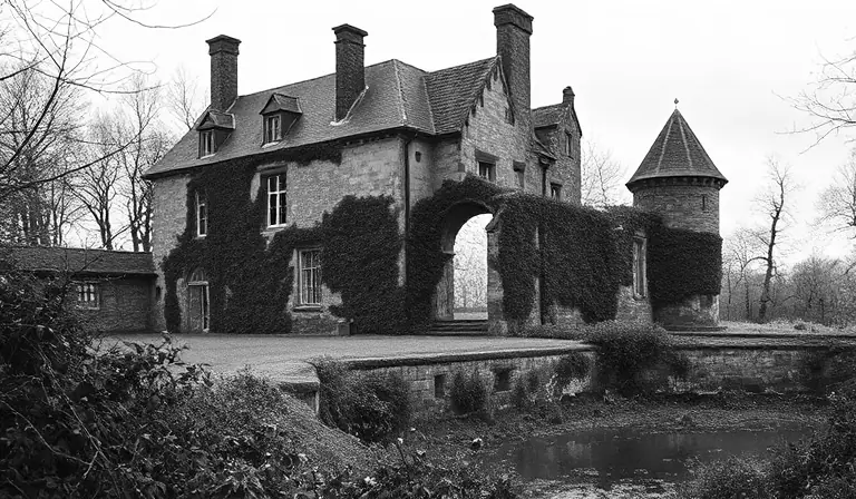 Château en pierre abandonné, envahi par la végétation et marqué par l’effondrement de sa toiture.