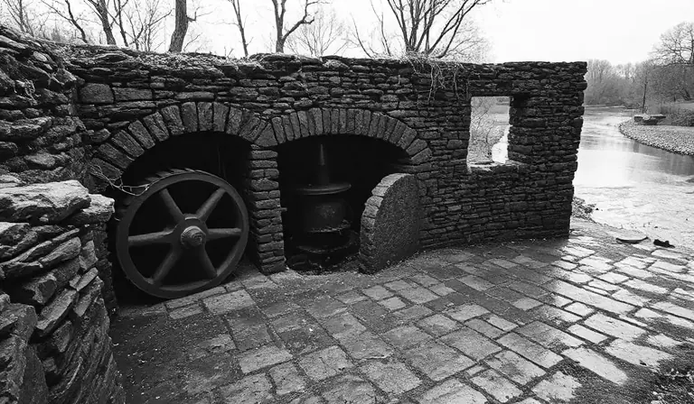 Ancienne forge en pierre au bord de l’eau, avec sa roue rouillée et ses équipements gagnés par la mousse.