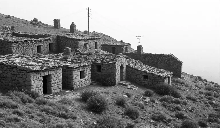 Hameau abandonné de maisons en pierre, progressivement recouvert par la végétation et le brouillard.