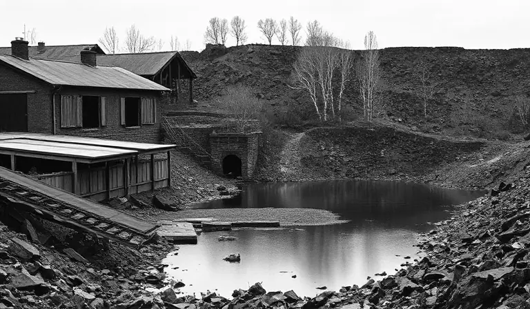 Ancienne friche ardoisière avec ses bâtiments sombres, ses installations rouillées et une excavation remplie d’eau.