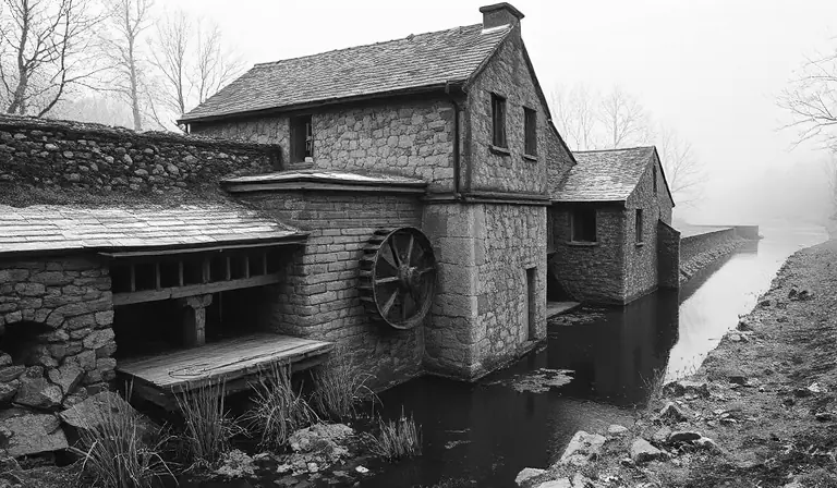 Ancien moulin en pierre au bord d’un cours d’eau, avec ses mécanismes rouillés et ses pièces envahies par l’humidité.