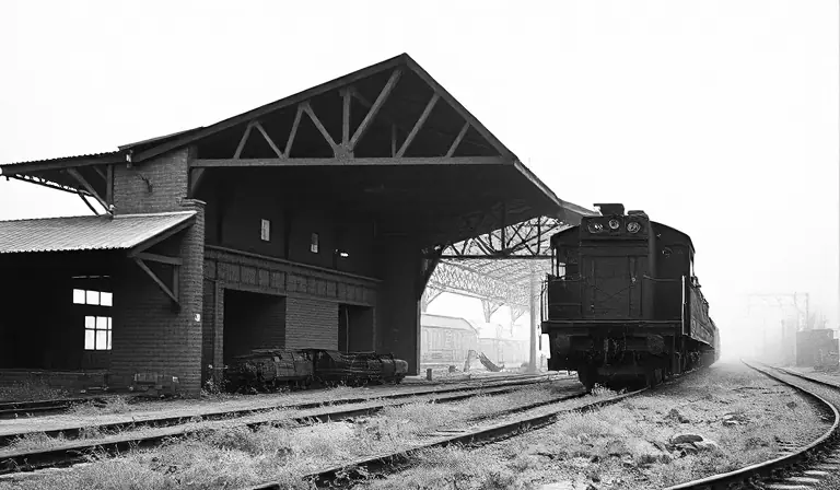 Ancien dépôt ferroviaire où des structures rouillées disparaissent sous les herbes et la brume.