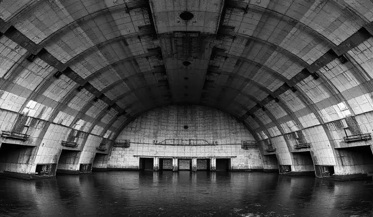 Immense abri militaire en béton armé, assombri par l’eau, la rouille et les ouvertures béantes.