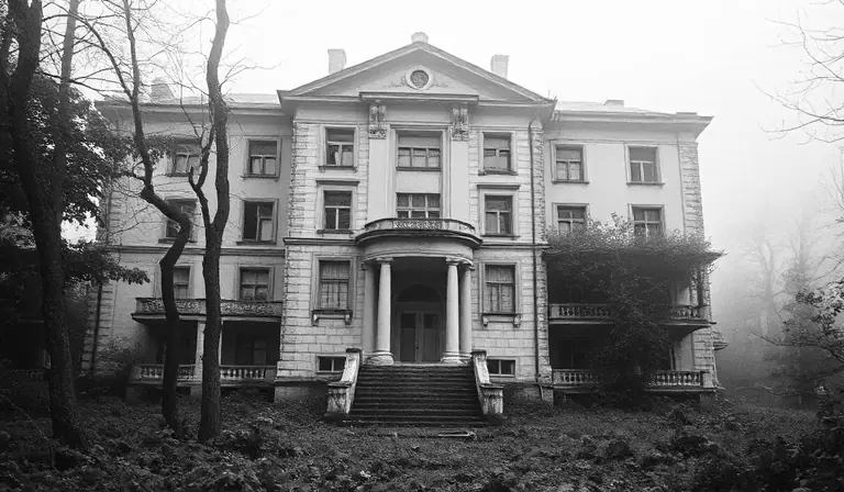 Ancien sanatorium enfoui dans les bois, avec ses fenêtres brisées et ses terrasses envahies de mousse.