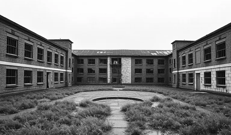Ancienne prison en briques autour d’une cour désertée, marquée par les fenêtres brisées et la corrosion.