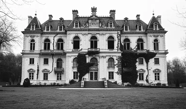 Château monumental inachevé, dont les décors de pierre et les ailes ouvertes se dégradent dans un parc humide.