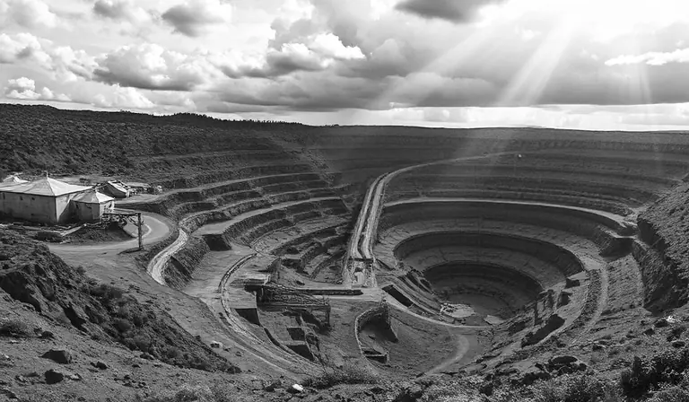 Ancien site minier à ciel ouvert, dominé par des structures industrielles rouillées et des gradins de terre rouge.